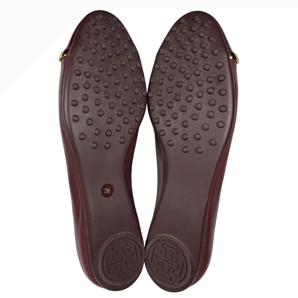 TORY BURCH Burgundy Leather Patent Cap Toe Gold Logo Ballet Flats Size 7M